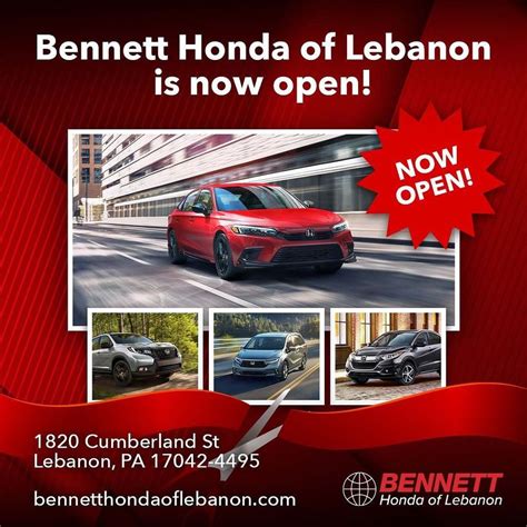 Bennett honda - Email Me. Cashier/Receptionist. Katie Cooke. Email Me. 814-259-8688. 814-481-2209. The team at Bennett Auto wants to meet you! Send us questions you may have about our dealership or visit us at 1900 W Cumberland St Lebanon, PA 17042.